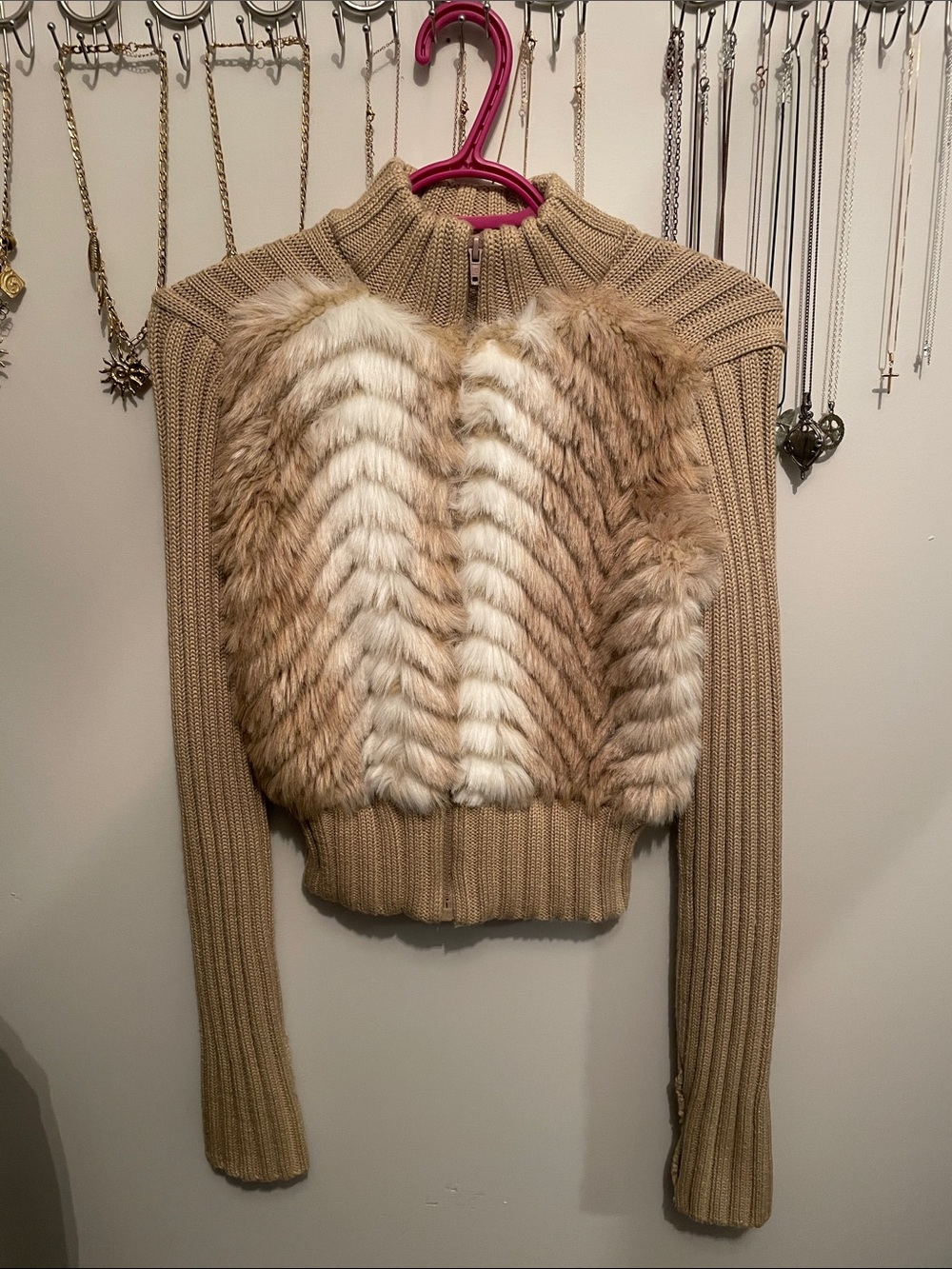 Kookai Fur Tan Ribbed Zip Sweater (Faux Fur)